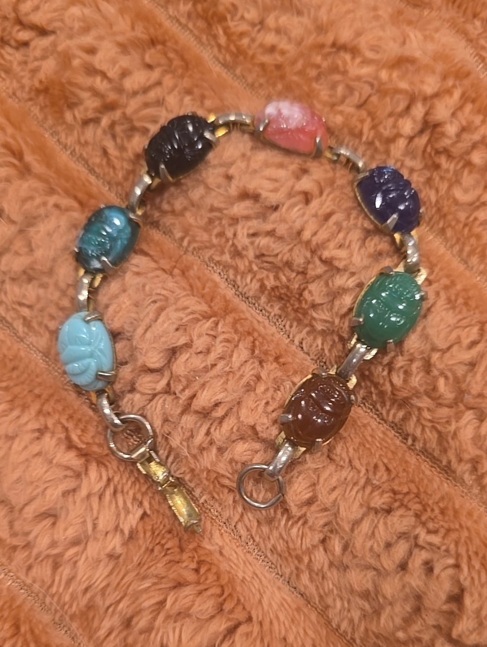 Vintage Multi-Color Scarab Link Bracelet - Gold Accents